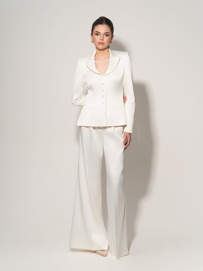 Tailored Satin Blazer & Trousers Set - Pearl White