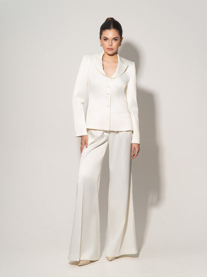 Tailored Satin Blazer & Trousers Set - Pearl White