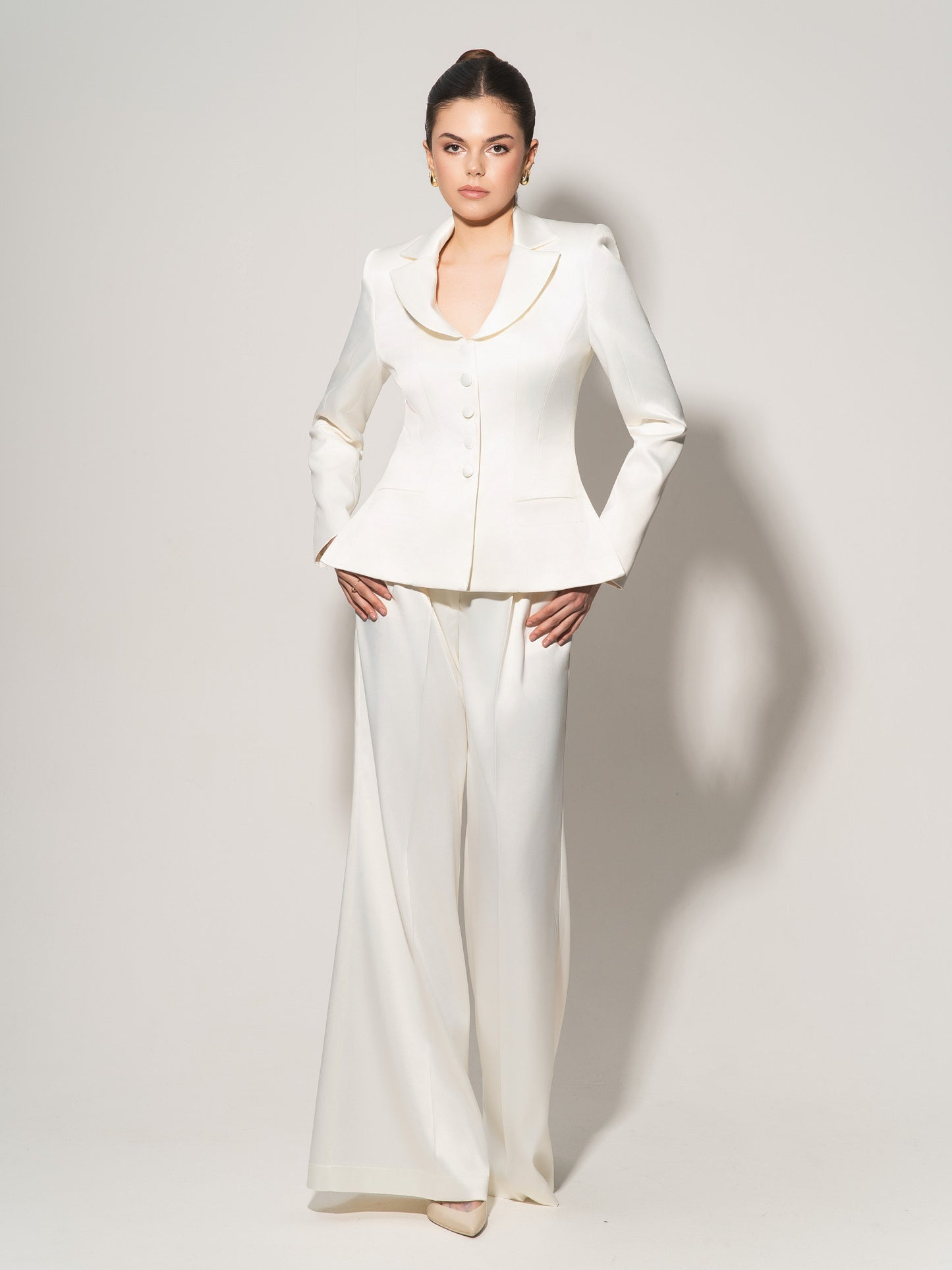 Tailored Satin Blazer & Trousers Set - Pearl White