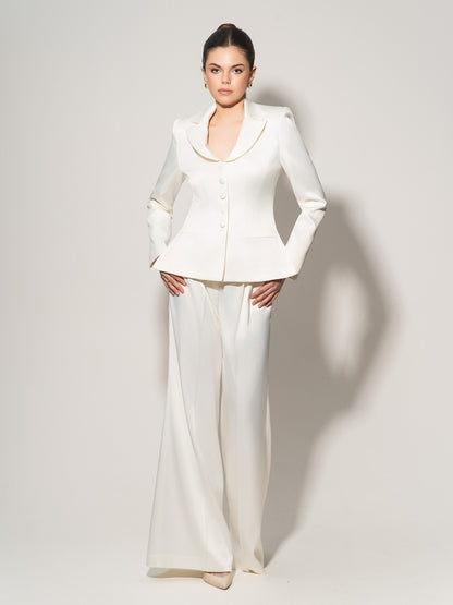 Tailored Satin Blazer & Trousers Set - Pearl White