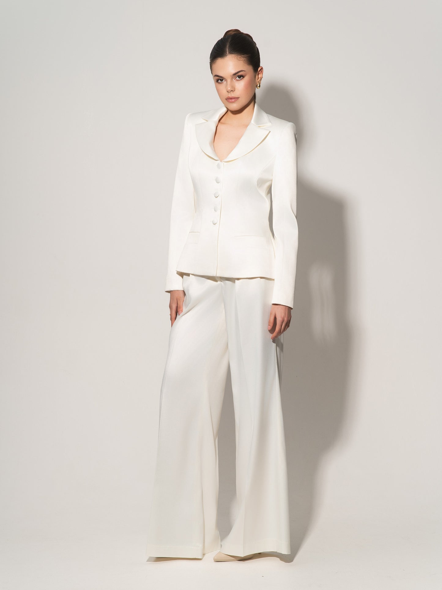 Tailored Satin Blazer & Trousers Set - Pearl White