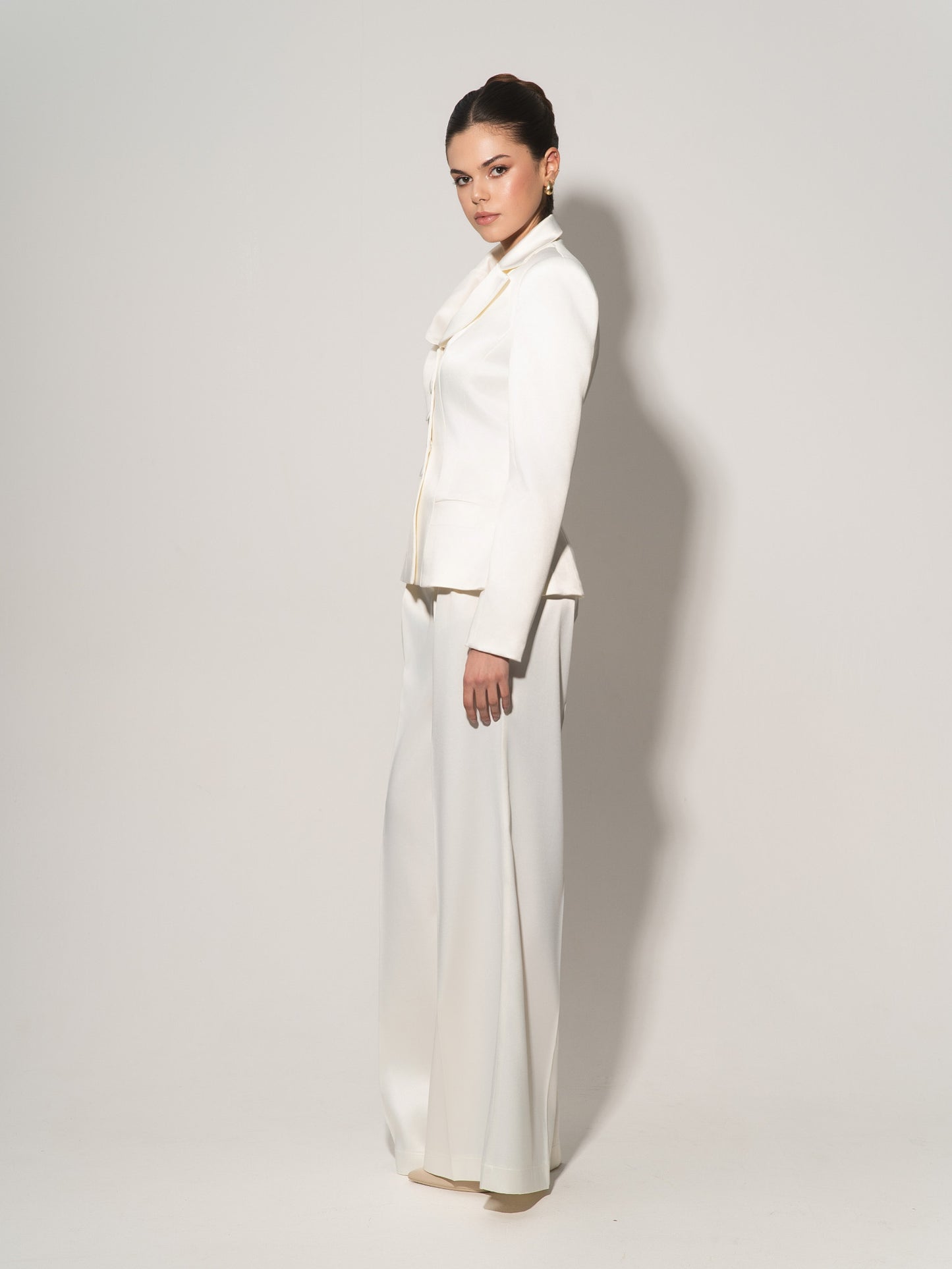Tailored Satin Blazer & Trousers Set - Pearl White