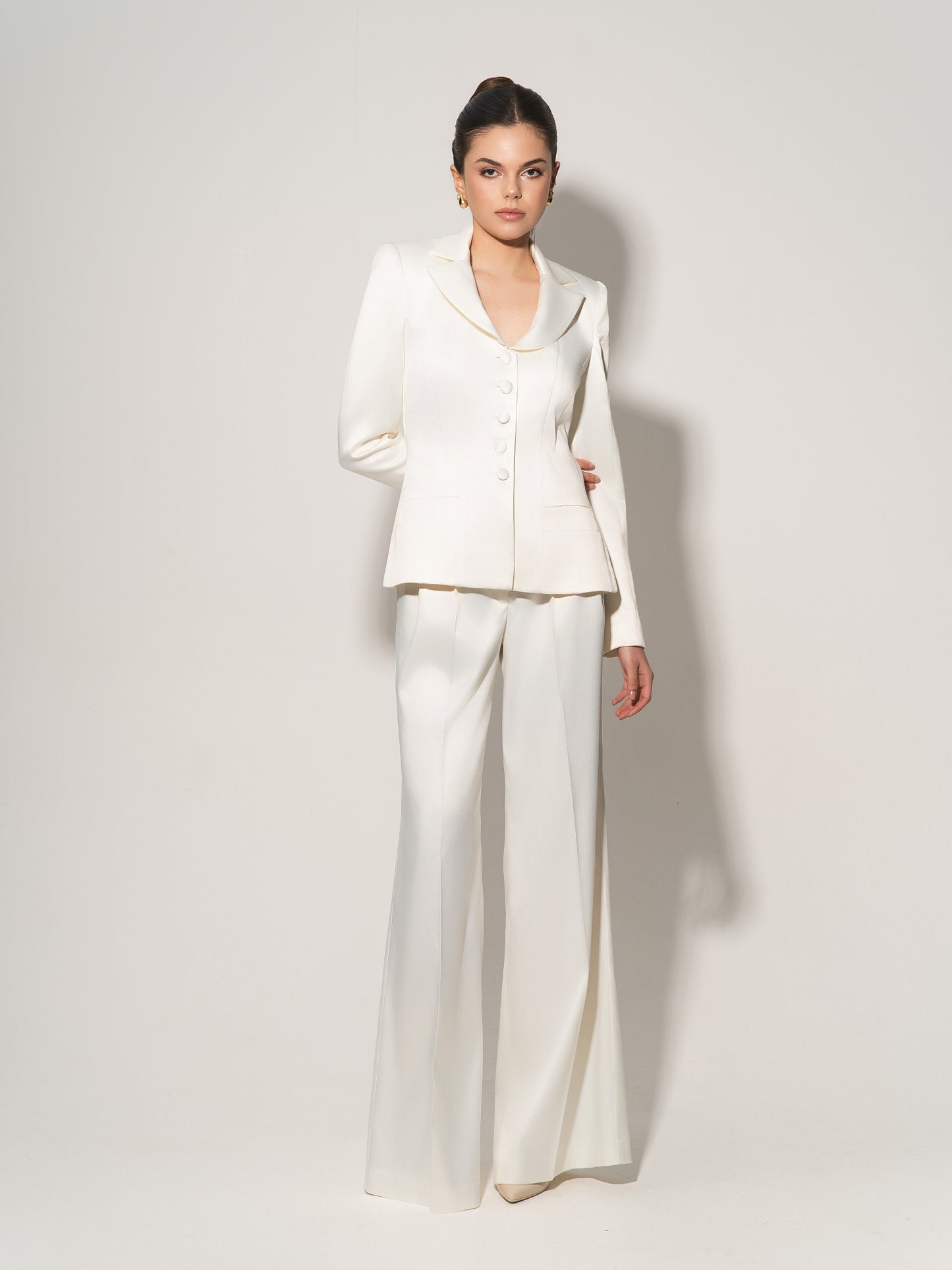 Tailored Satin Blazer & Trousers Set - Pearl White