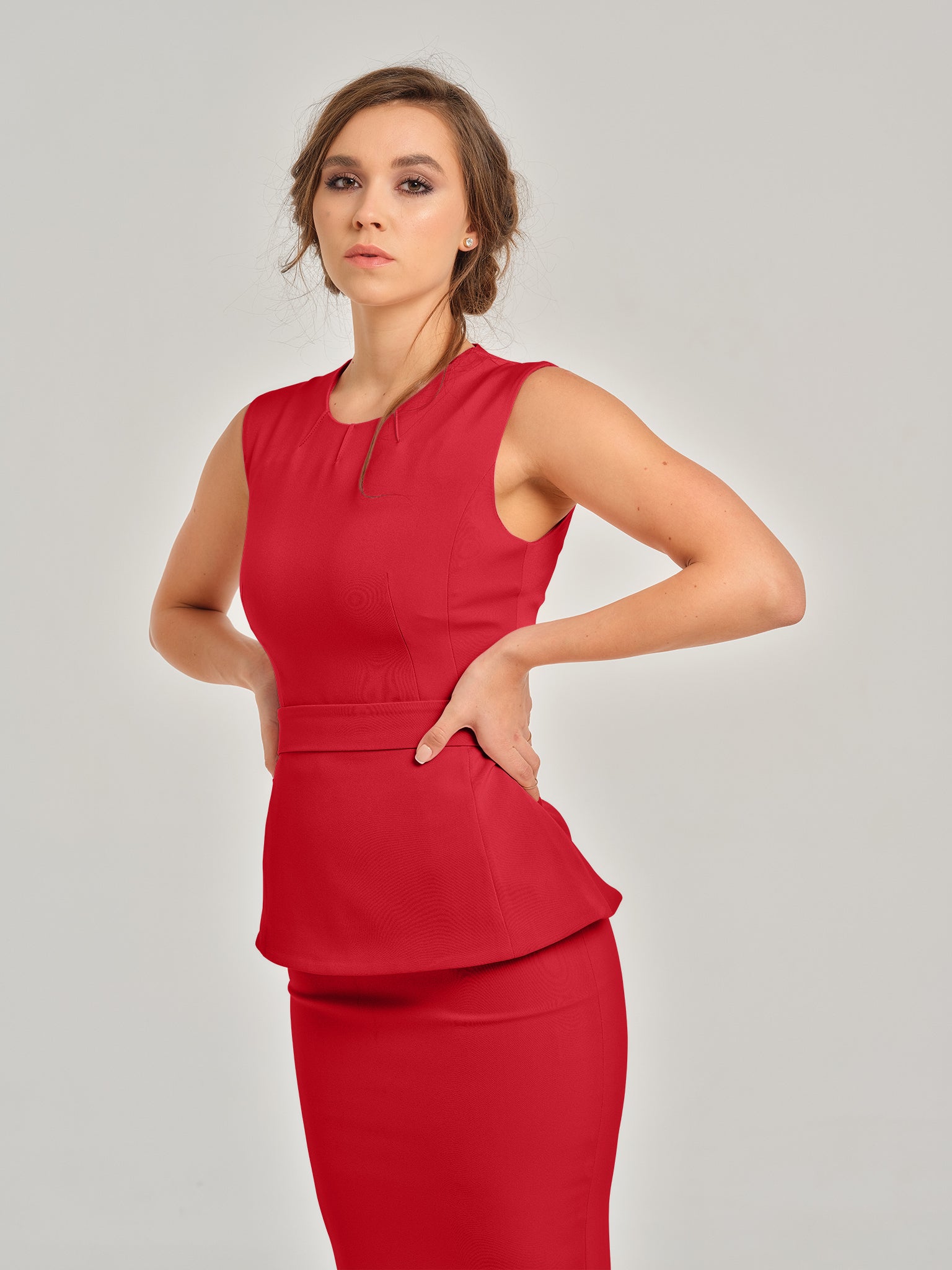 Fierce Red Sleeveless Top & Pencil Midi Skirt Set by Tia Dorraine Women's Luxury Fashion Designer Clothing Brand