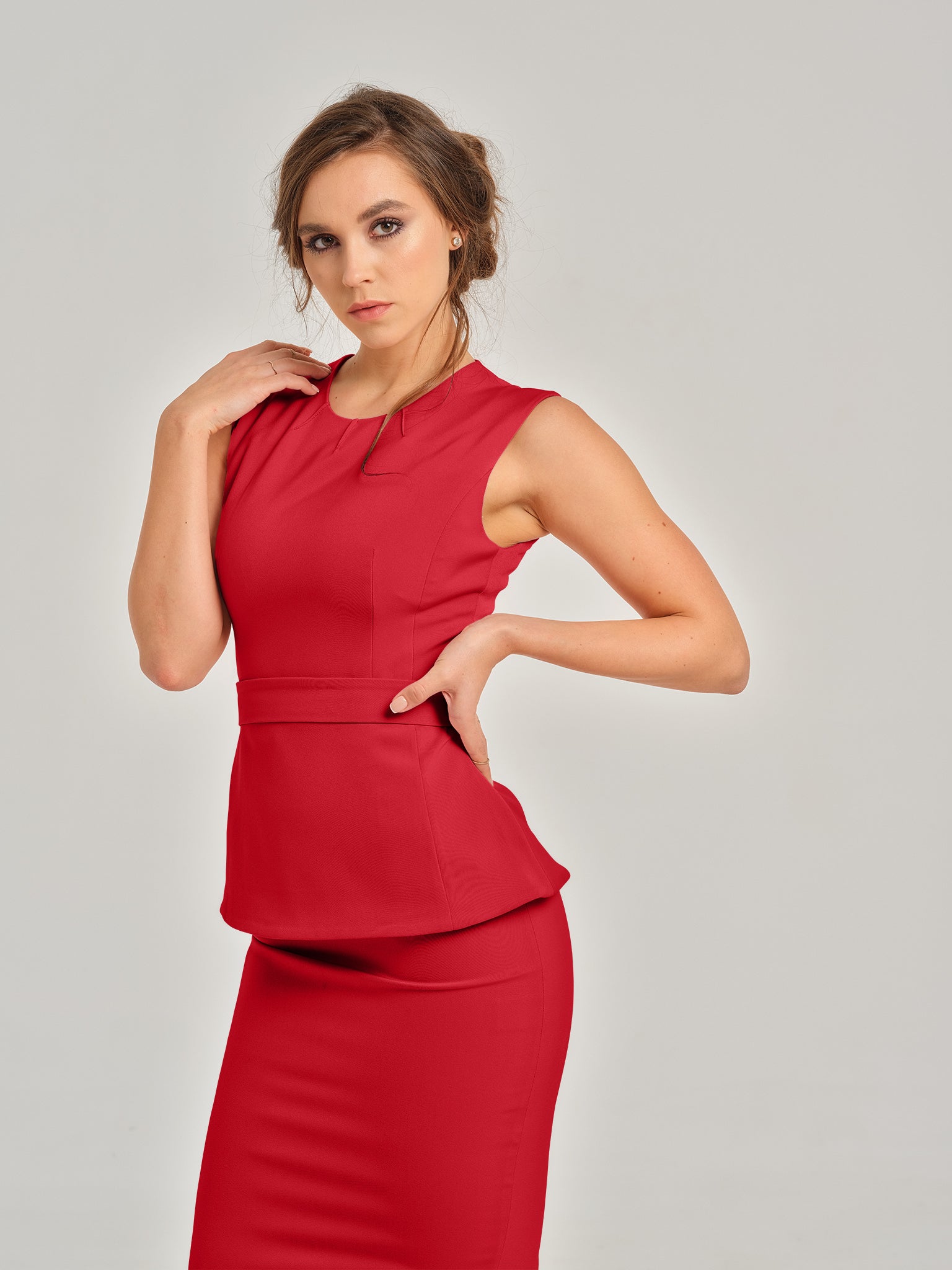 Fierce Red Sleeveless Top & Pencil Midi Skirt Set by Tia Dorraine Women's Luxury Fashion Designer Clothing Brand