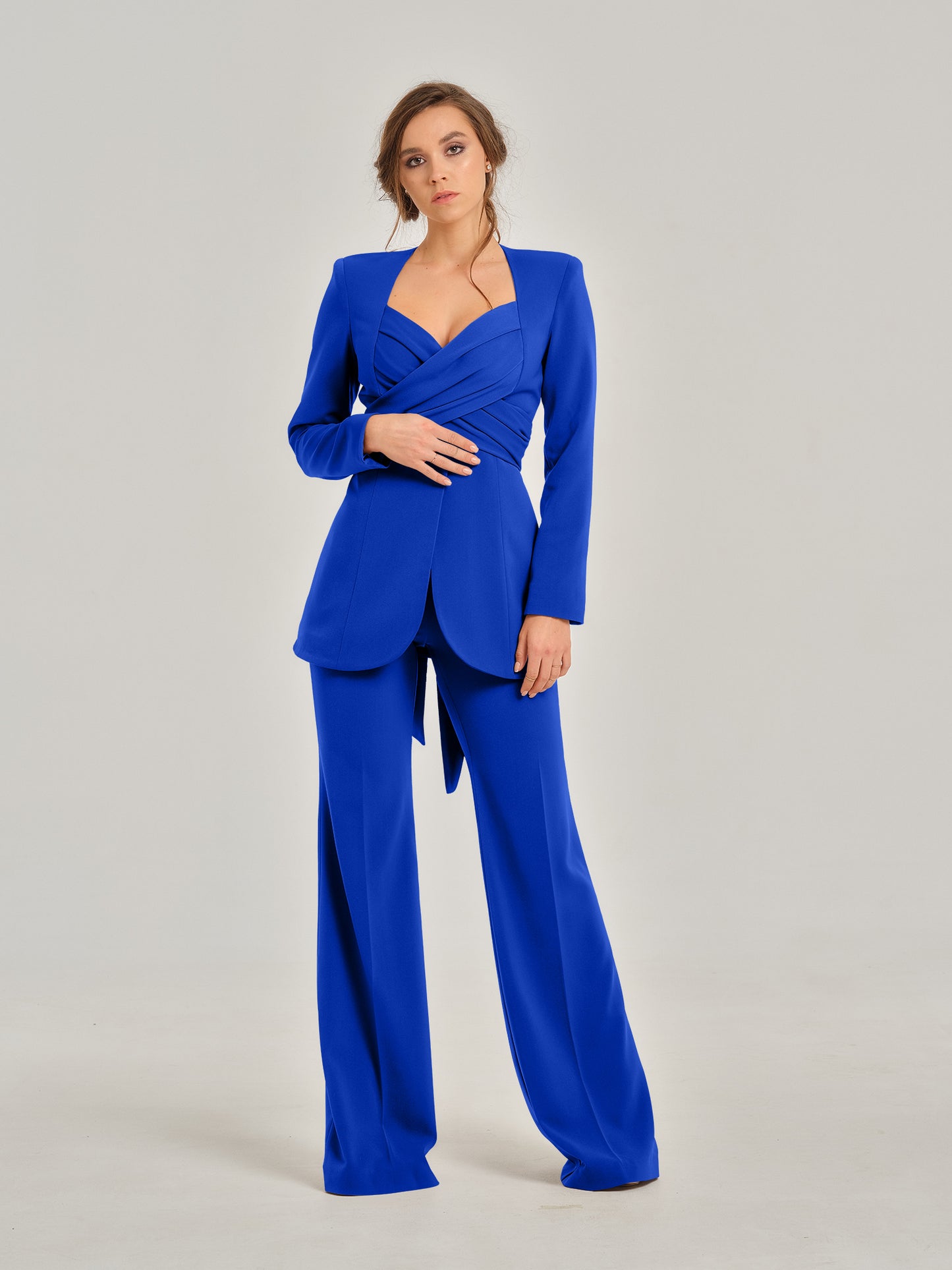 Royal Azure Cross-Wrap Statement Suit by Tia Dorraine Women's Luxury Fashion Designer Clothing Brand