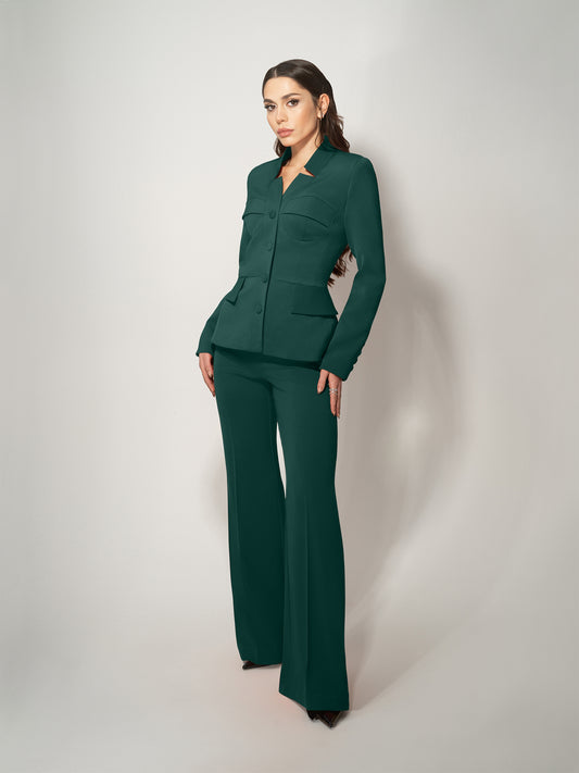 High-Waist Flared Trousers - Dark Green