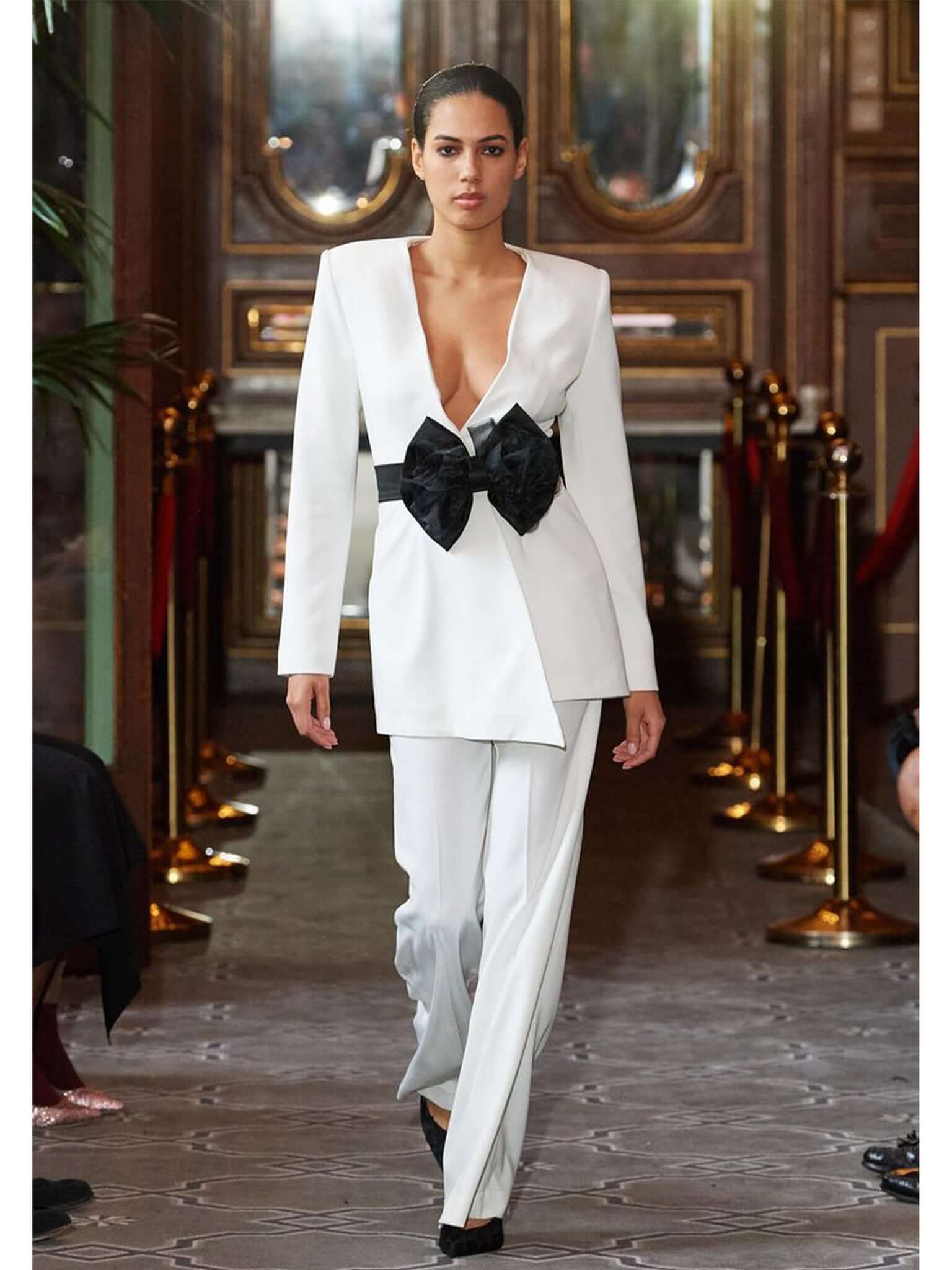 Rare Pearl Power Suit with Black Bow Belt by Tia Dorraine Women's Luxury Fashion Designer Clothing Brand