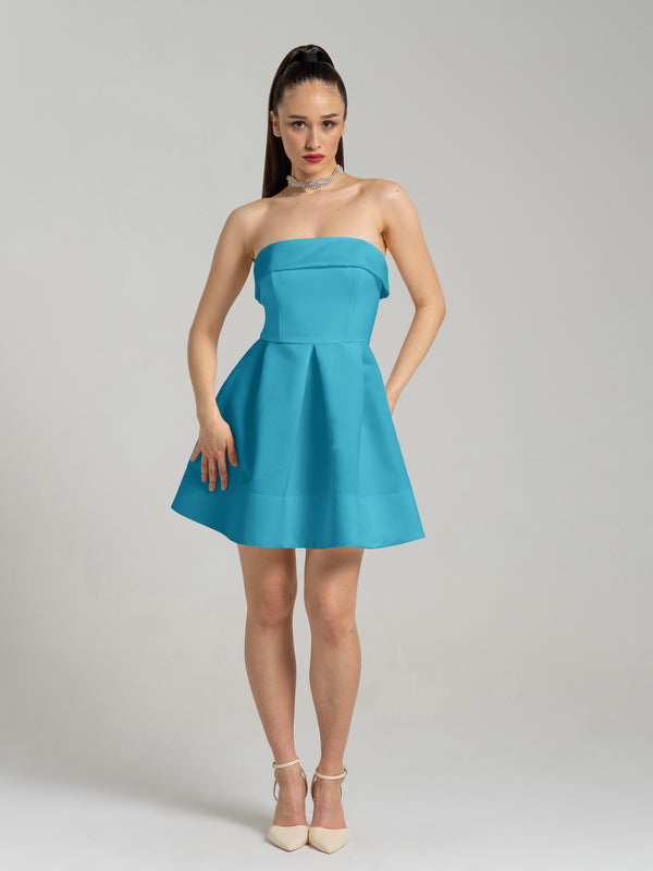 Wild Flower Flared Satin Mini Dress - Blue by Tia Dorraine Women's Luxury Fashion Designer Clothing Brand