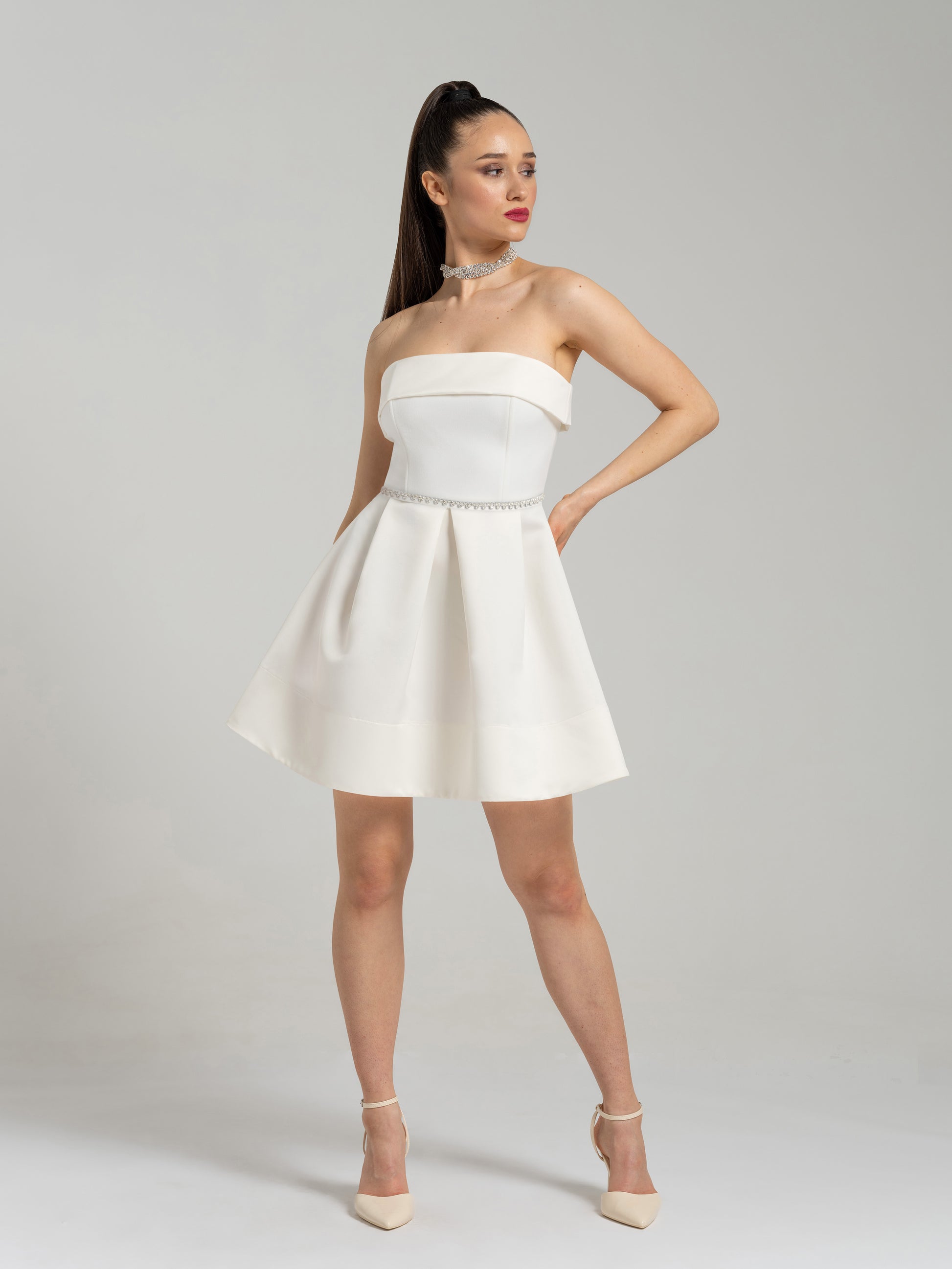 Wild Flower Mini Dress with Crystal Belt - Pearl White by Tia Dorraine Women's Luxury Fashion Designer Clothing Brand