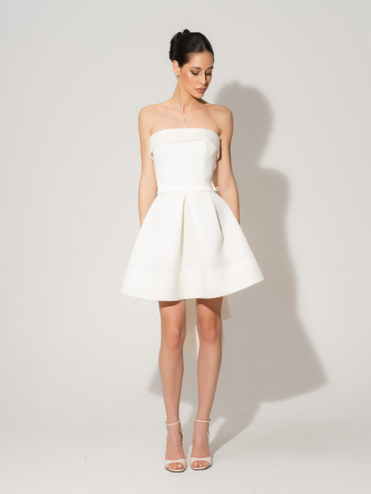 Wild Flower Satin Mini Dress With Statement Bow Belt - Pearl White