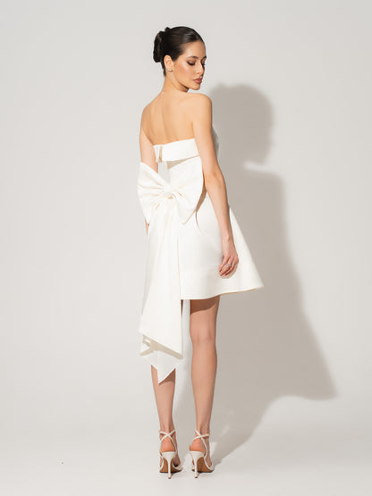 Wild Flower Satin Mini Dress With Statement Bow Belt - Pearl White