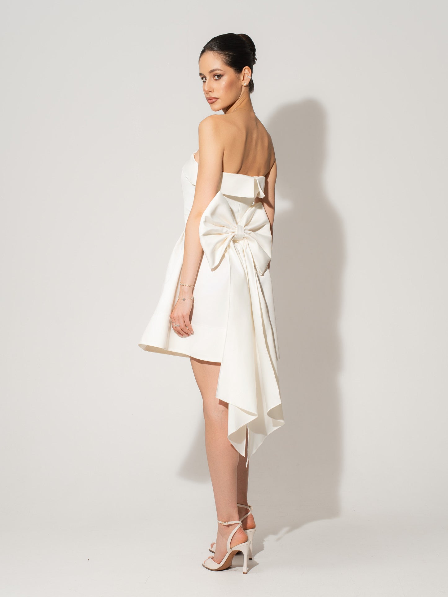 Wild Flower Satin Mini Dress With Statement Bow Belt - Pearl White