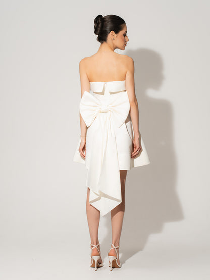 Wild Flower Satin Mini Dress With Statement Bow Belt - Pearl White