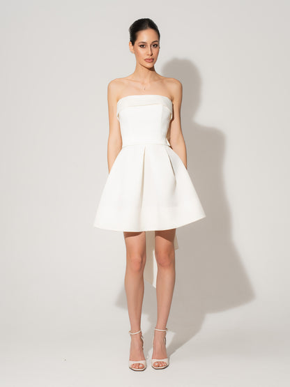 Wild Flower Satin Mini Dress With Statement Bow Belt - Pearl White