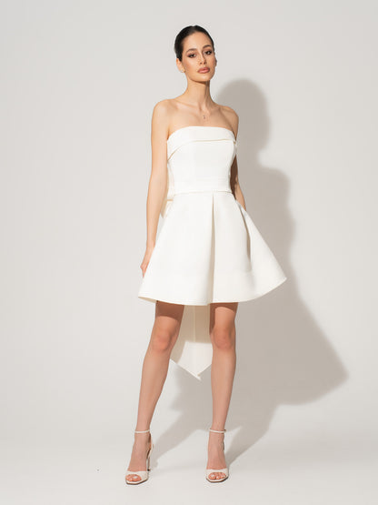 Wild Flower Satin Mini Dress With Statement Bow Belt - Pearl White