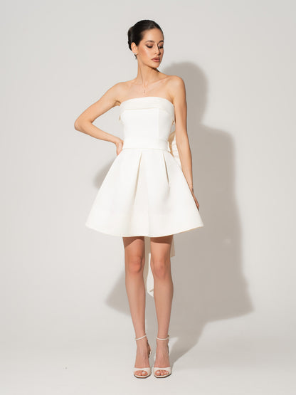 Wild Flower Satin Mini Dress With Statement Bow Belt - Pearl White