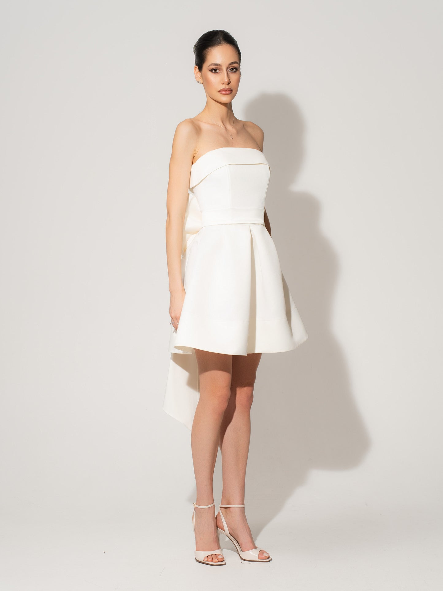Wild Flower Satin Mini Dress With Statement Bow Belt - Pearl White