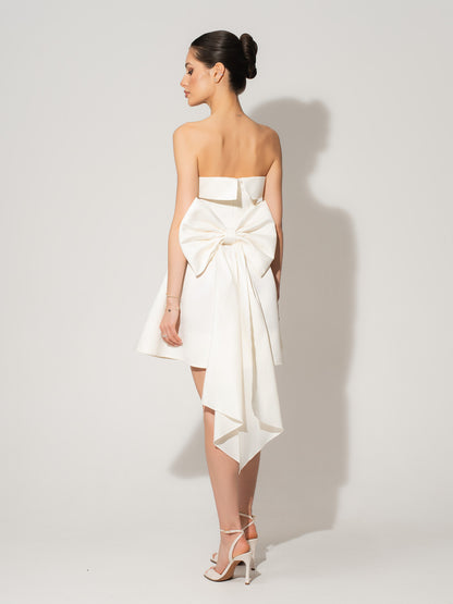 Wild Flower Satin Mini Dress With Statement Bow Belt - Pearl White