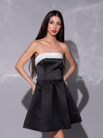 Wild Flower Flared Satin Mini Dress - Black & White by Tia Dorraine Women's Luxury Fashion Designer Clothing Brand