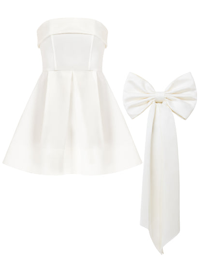 Wild Flower Satin Mini Dress With Statement Bow Belt - Pearl White