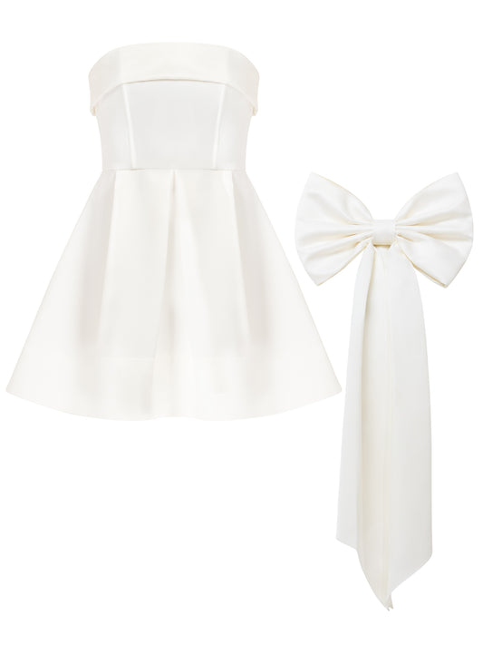 Wild Flower Satin Mini Dress With Statement Bow Belt - Pearl White