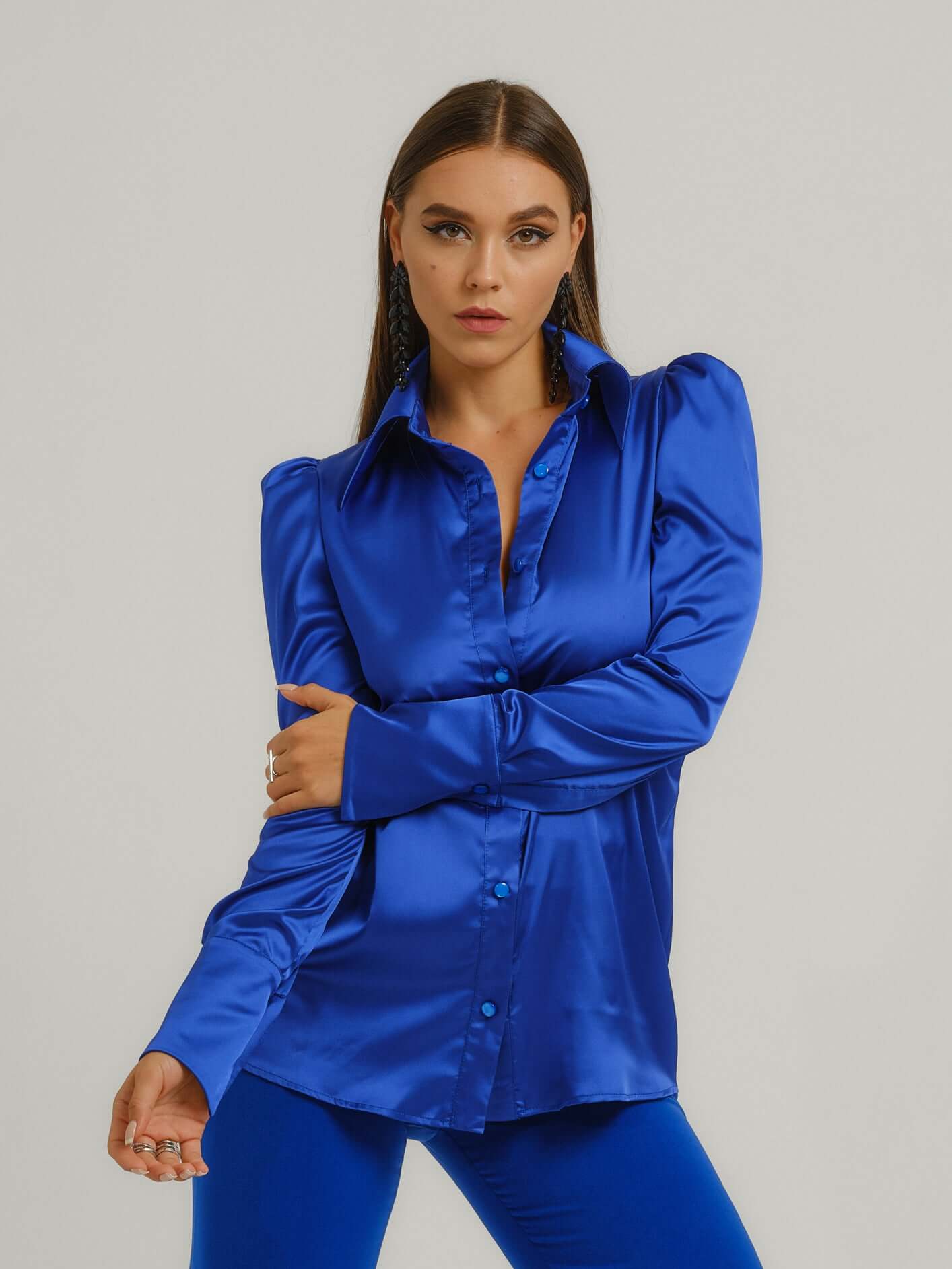 Royal Azure Fitted Satin Shirt by Tia Dorraine Women's Luxury Fashion Designer Clothing Brand