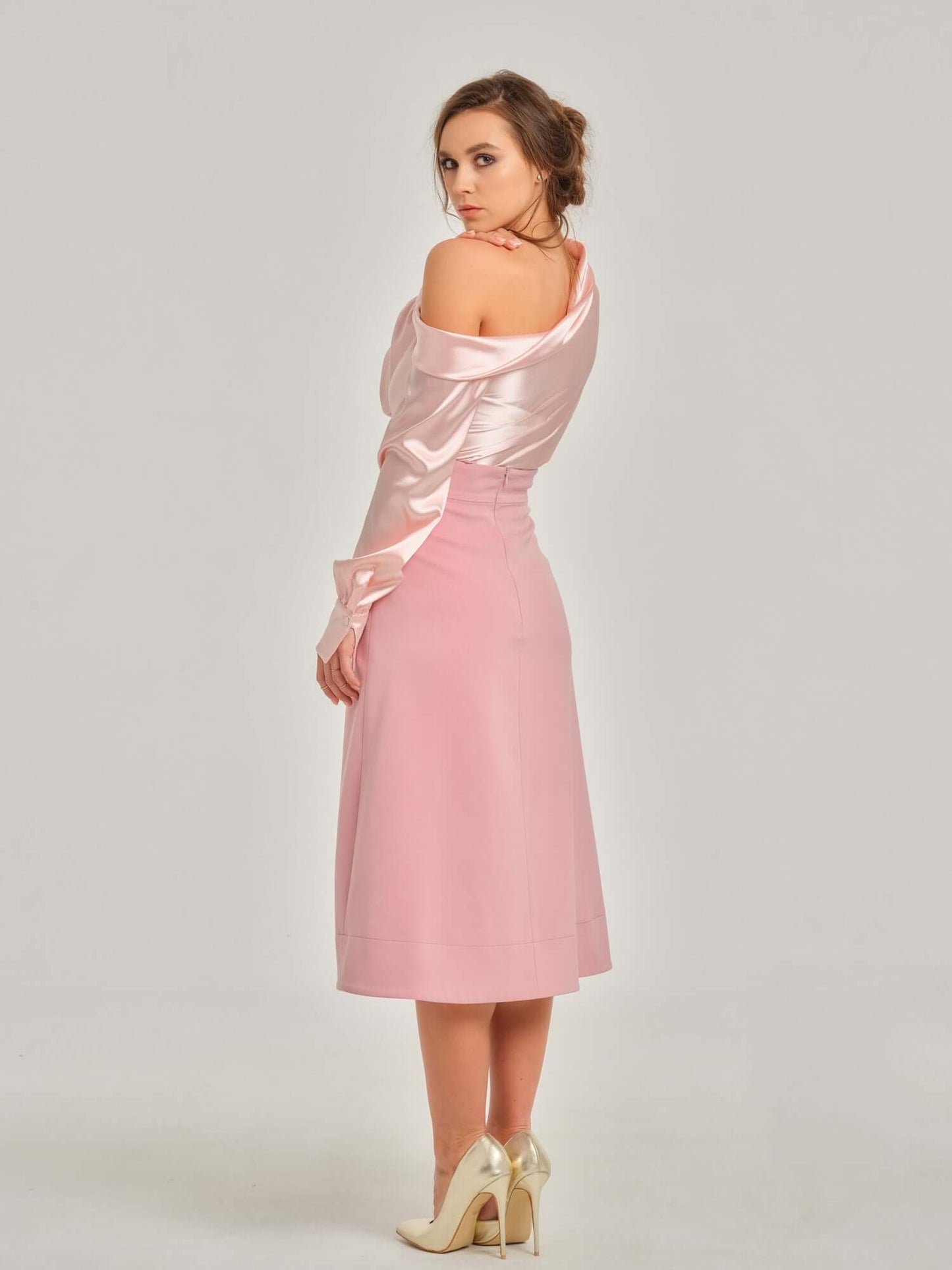 Rose Blush Draped Off-Shoulder Shirt by Tia Dorraine Women's Luxury Fashion Designer Clothing Brand